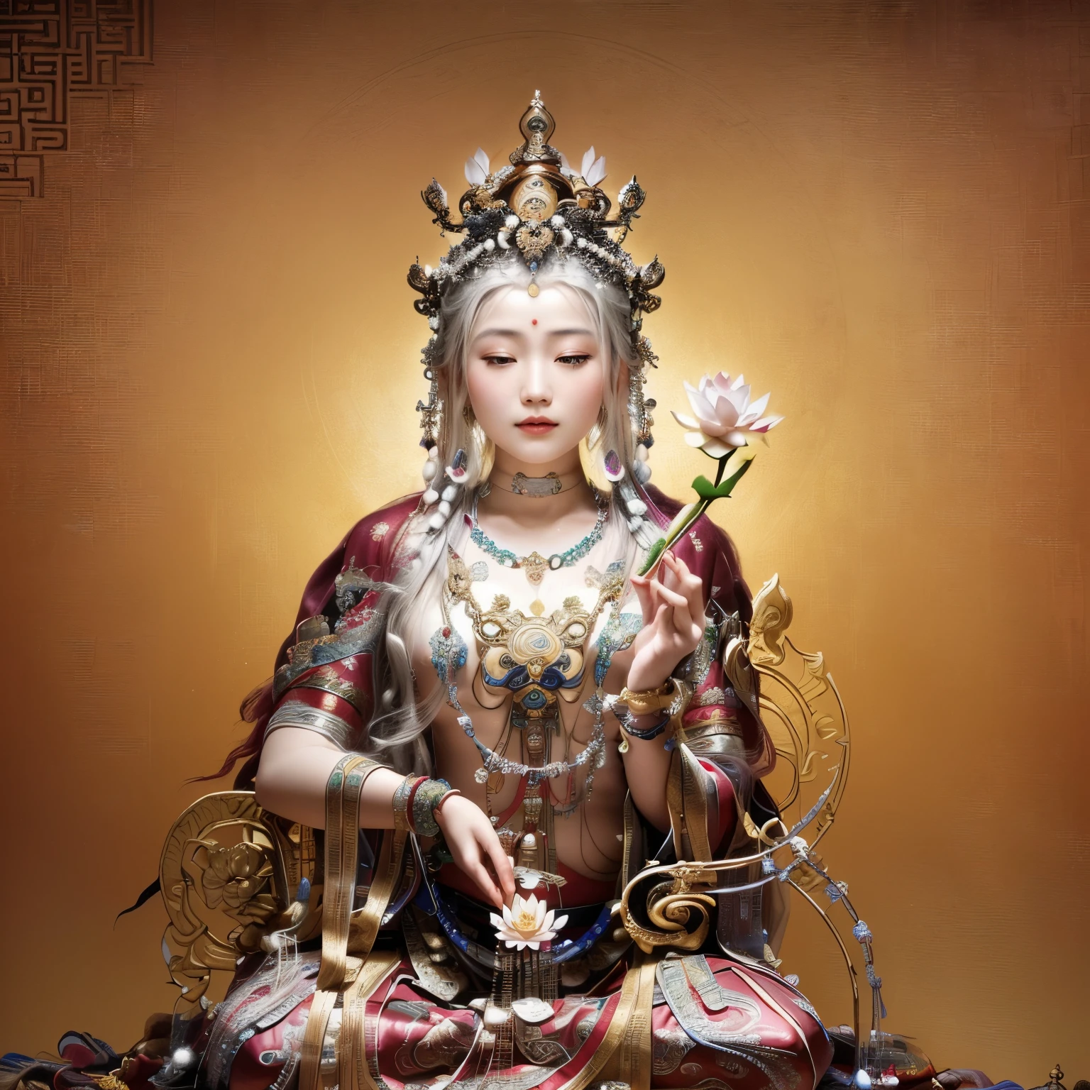 digital photo of an ancient chinese poet, serious expression, intricate details, editorial photo
(contented female Bodhisattva:1.1), (Tibetan Thangka:1.1), (Guanyin of the southern seas:1.2), (Puskala-kudda:1.1), (goddess of wisdom:1.1), (Nezha:0.9), (white-haired deity:1.1), (Buddhist art:1.1), (Serene Lotus Sitting Figure:1.3), detailed facial features, serene expression, vibrant colors, intricate patterns, sacred atmosphere