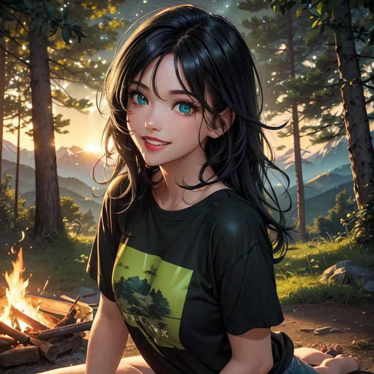 masterpiece, best quality, 8K wallpaper, HDR, octane rendering. A girl in a cropped t-shirt, short shorts, boxers, flip-flops, camping, mountains, trees, campfire, starry night sky, beautiful detailed scenery, girl has (Messy hair, shiny black hair:1.4), (Cute and detailed face with perfect symmetry ), (Beautiful and detailed green eyes:1.3), (Red lips, smile, teeth:1.2), (body with perfect anatomy, perfect natural texture, high details, shiny skin) cinematic lighting, vivid colors, detailed illustration, depth of field.