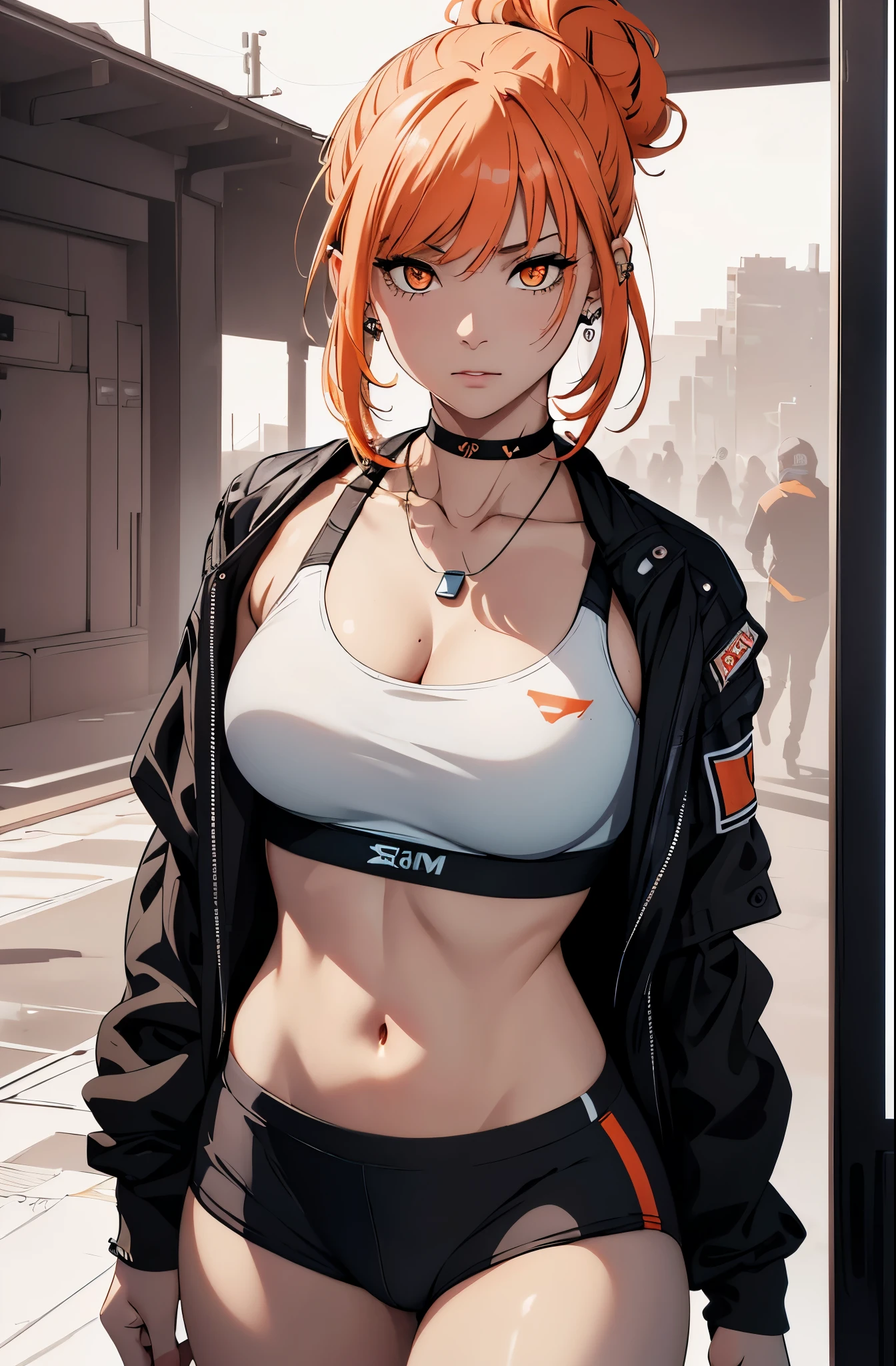 realistic, Beautiful detailed girl, clear and beautiful, Personage as the main perspective, shiny_skin, girl,woman,female, young,25 years old, (medium hair), bangs, (Top knot:1.3), sidelocks, orange hair, (beautiful detailed Glass hair), pink streaked hair,beautiful detailed cold face, cold expression, complex details beautiful and delicate eyes, fingernails, medium_breasts, , orange eyes, Authentic skin texture, gleaming skin,(Multiple piercings), necklace,(sports bra:1.3),(racing bloomers:1.3),bloom,(line art:1.2),realistic illustration,(unreal engine),(GoPro),(insanely detailed),perfect shading,(digital art),(ray tracing),(intricate detailed),creative refinement,(dark atmosphere)