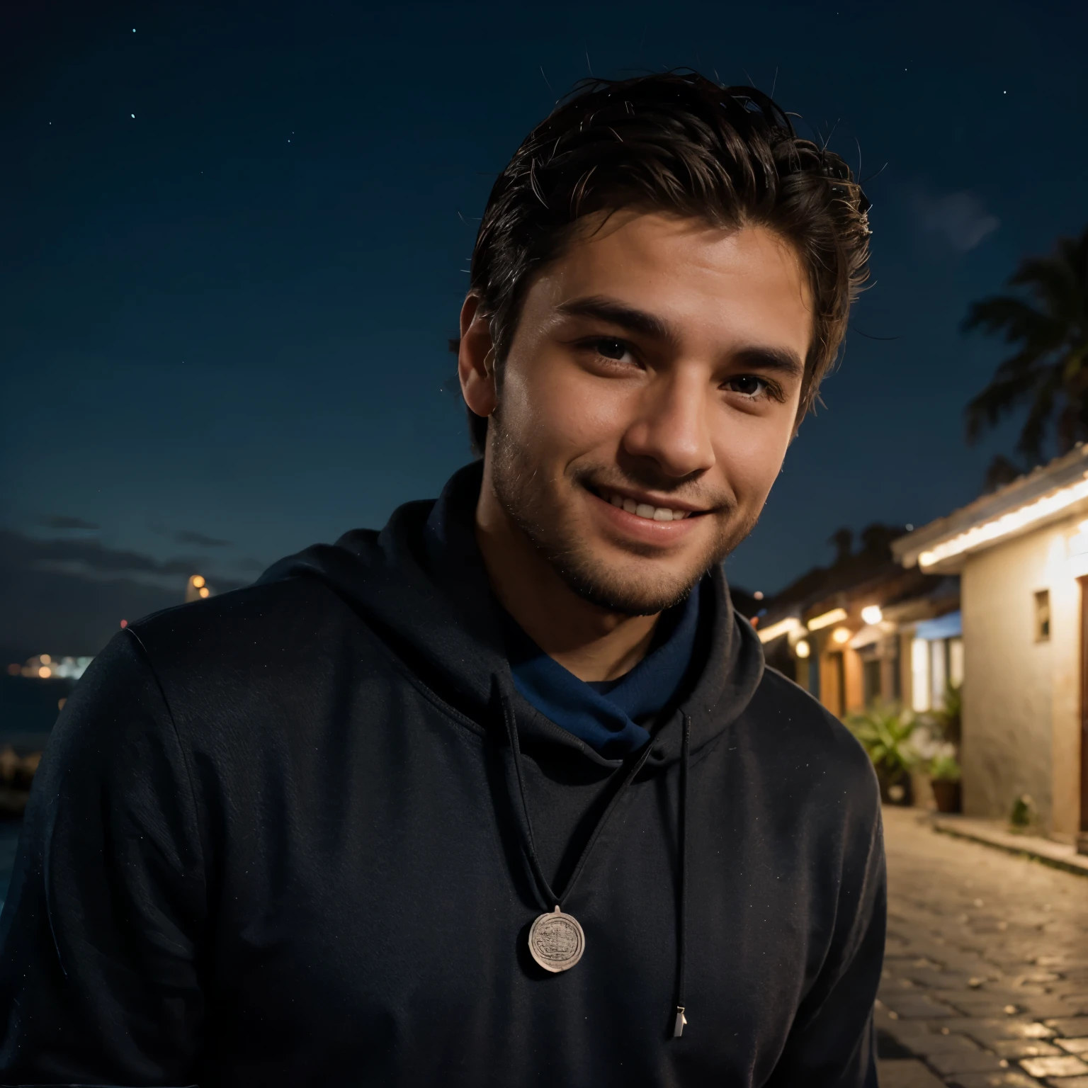 Personaje masculino en paisaje urbano nocturno, passport photography, sonriente, cerca del mar, moderno, barba