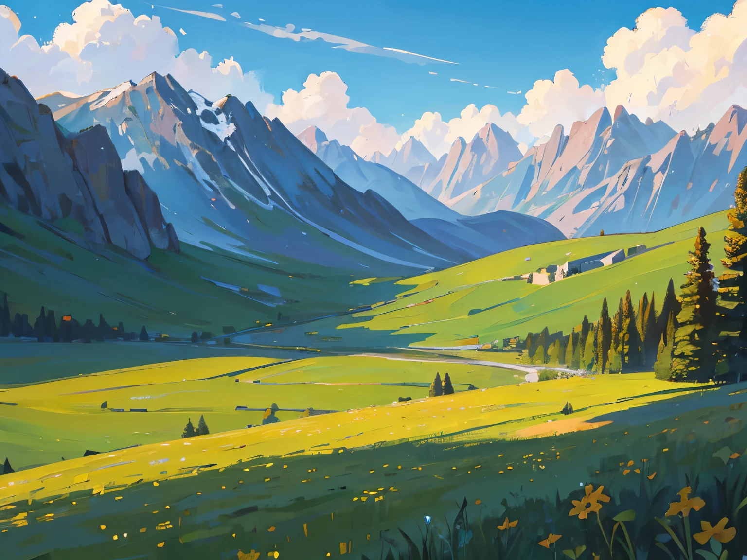 Grassland, at day, medieval, a path in the midle, mountains and forest on the background