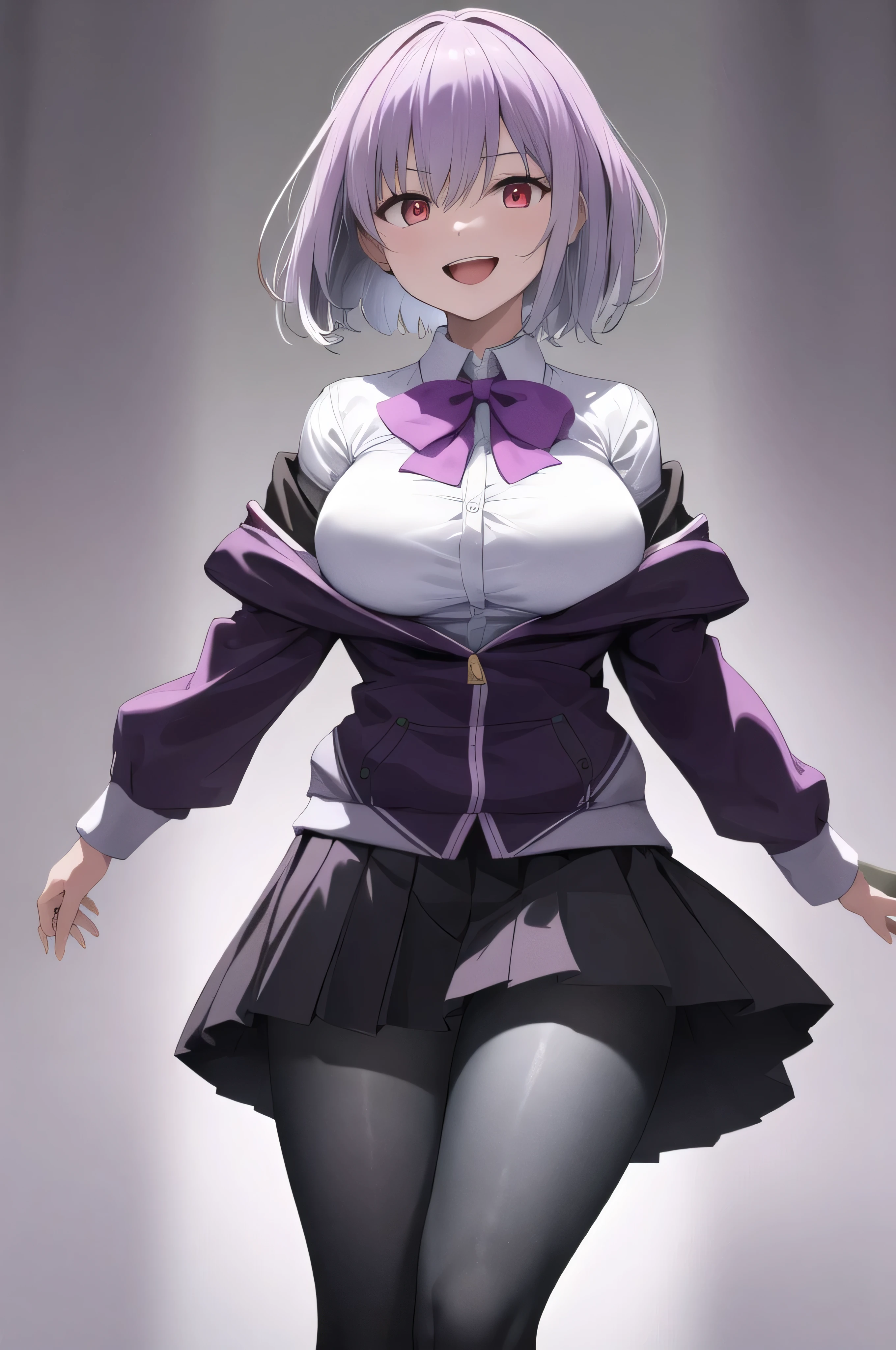 masterpiece, highest quality,best quakity, High resolution, Ah Akane, short hair, Red eyes, Large Breasts, Purple bow tie, Collared shirt, White shirt, Off the shoulder, Purple Jacket, Partially defrosted, Long sleeve, Sleeves are longer than the wrist, Pleated skirt, Black Skirt, pantyhose, Cowboy Shot, Are standing, evil smile,evil huge laugh,open mouth,(Best picture quality, 4K, 8K, High resolution, Masterpiece: 1.2), ultra detailed, Sinister Veil of Shadows,black and dark aura background,black light,