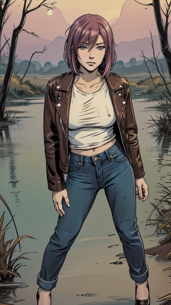 vector image, 2d cartoon,masterpiece, An anime blushed woman, colored hair, masturbate, dry humping, t-shirt, squirt, simulates intercourse:1.2, gloomy ecstasy, sweat, masturbate, touch herself in sexual places, near swamp,leather biker jacket, jeans, heels, standing, full body, evening