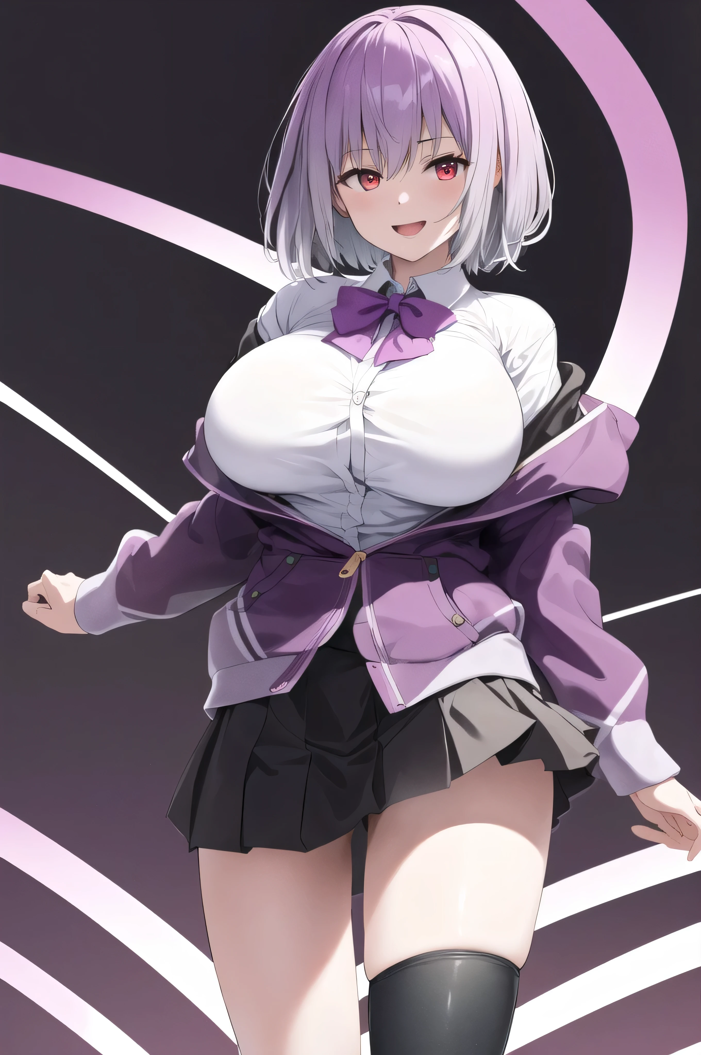masterpiece, highest quality,best quakity, High resolution, Ah Akane, short hair, Red eyes, Large Breasts, Purple bow tie, Collared shirt, White shirt, Off the shoulder, Purple Jacket, Partially defrosted, Long sleeve, Sleeves are longer than the wrist, Pleated skirt, Black Skirt, pantyhose, Cowboy Shot, Are standing, evil smile,evil huge laugh,open mouth,(Best picture quality, 4K, 8K, High resolution, Masterpiece: 1.2), ultra detailed, Sinister Veil of Shadows,black and dark aura background,black light,sadistic,