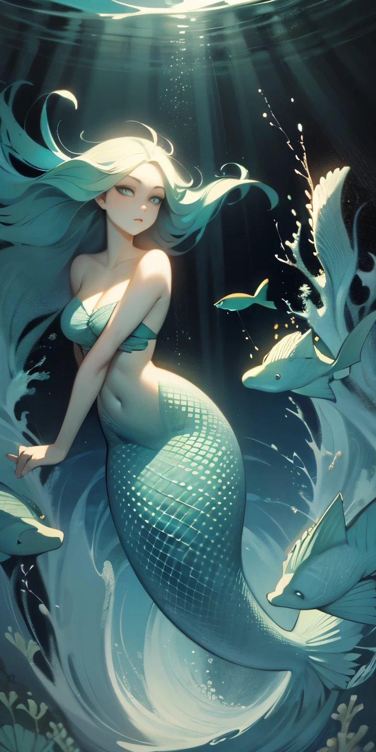 Create an awe-inspiring oil painting that captures the enchanting beauty of a Japanese mermaid gracefully gliding through the depths of the ocean. Using bold and expressive brushstrokes, convey the fluidity and movement of the water as it swirls around the mermaid's ethereal form.

Imagine a scene where the mermaid emerges from the depths, her long, flowing hair cascading like seaweed around her luminous figure. Her eyes shimmer with wisdom and mystery as she gazes into the distance, beckoning viewers into the enchanting world beneath the waves.

With masterful strokes of the brush, depict the intricate details of the mermaid's scales, shimmering with iridescent hues of blue and green. Let the play of light and shadow dance across the canvas, evoking the ever-changing currents of the ocean depths.

In the background, paint a panorama of coral reefs, swaying sea plants, and exotic marine life, creating a vibrant tapestry of color and movement that surrounds the mermaid in her watery domain.

As viewers gaze upon the painting, they are transported into a world of magic and wonder, where the boundary between reality and myth fades away. "Song of the Deep" is not merely a painting—it is a mesmerizing symphony of color, texture, and emotion that celebrates the timeless allure of the sea and the mysterious beauty of the Japanese mermaid.