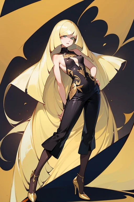 ((highest quality)), ((masterpiece)), (Familiar), Lusamine,thin,thin,Long blonde hair,Small breasts,Erect nipples,Adult female,Green Eyes,Slanted Eyes,Sleeveless dress,Black Dress,Gold embroidery,Pants Style,High heels,Fascinating