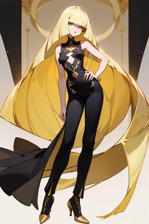 ((highest quality)), ((masterpiece)), (Familiar), Lusamine,thin,thin,Long blonde hair,Small breasts,Erect nipples,Adult female,Green Eyes,Slanted Eyes,Sleeveless dress,Black Dress,Gold embroidery,Pants Style,High heels,Fascinating
