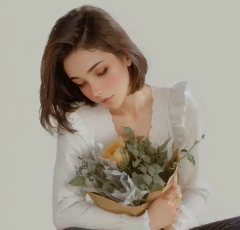 there is a woman sitting on a chair holding a bouquet of flowers, short hair,carrying flowers, holding flowers, sitting with flowers, beautiful image, infp young woman, female portrait with flowers, thoughtful, thoughtful ), holding a flower, beautiful girl, holding magic flowers, detailed hand,with peony flowers around her, carrying flowers