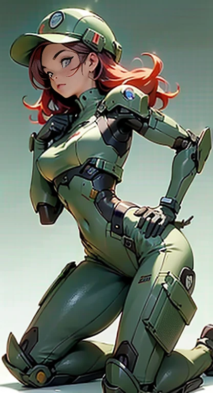 1woman 20 years old, max resolution, sculpted, military, wearing a soldier helmet, beautiful, perfect body, red hair, blue eyes, perfect body, thin waist, wide hips, large breasts, slim thighs, jungle background, armored vehicle, military robot dog, camouflaged uniform, tight panties, two-piece, highly detailed, high resolution, perfect hands, side view, camo, face fully turned to the side to look at the viewer, turn her head to look at the viewer, genuflection kneeling, one knee on ground, one knee up, bare shoulders