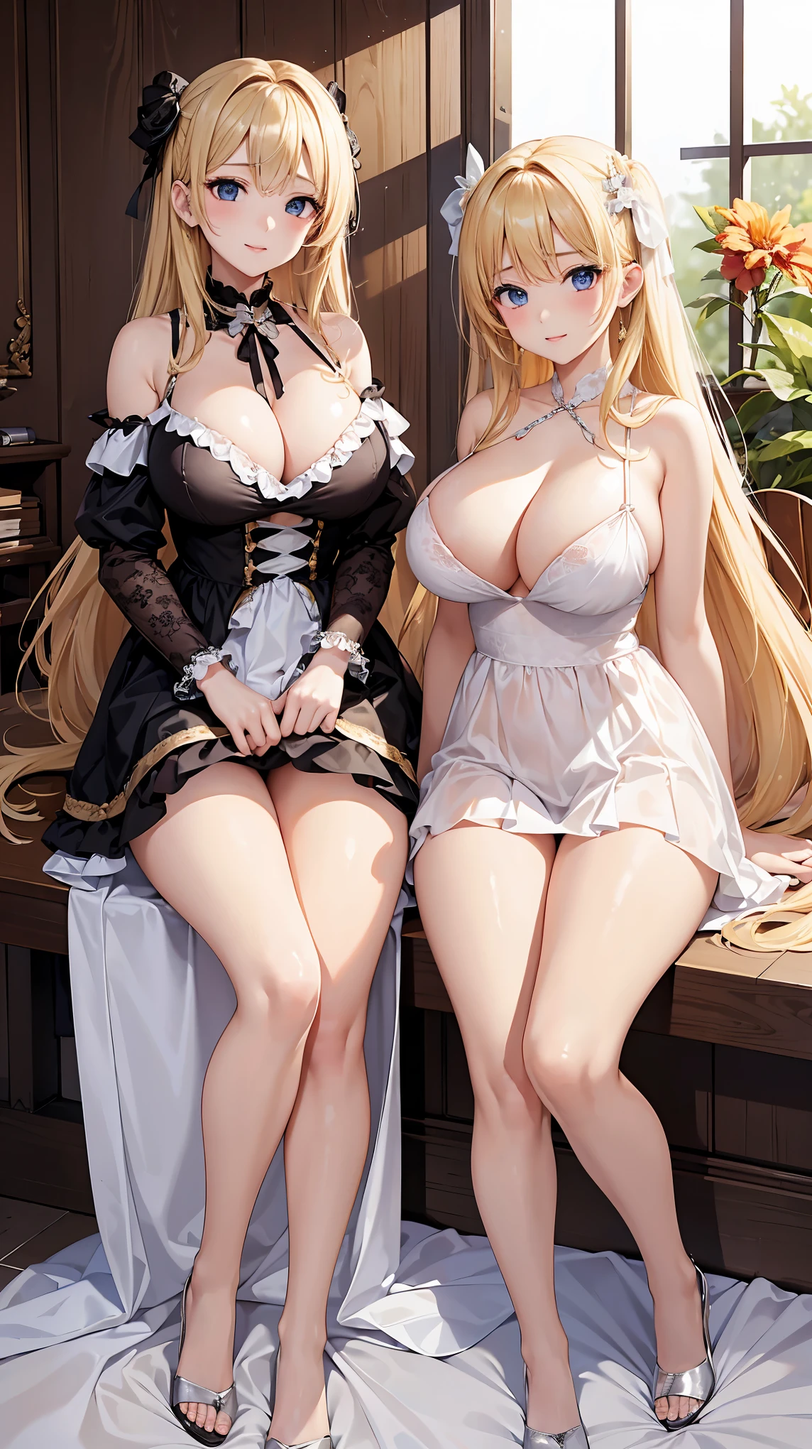 ((highest quality、High resolution))、Blonde、(Two beautiful girls are seducing me)、Large Breasts、No panties、Love juice