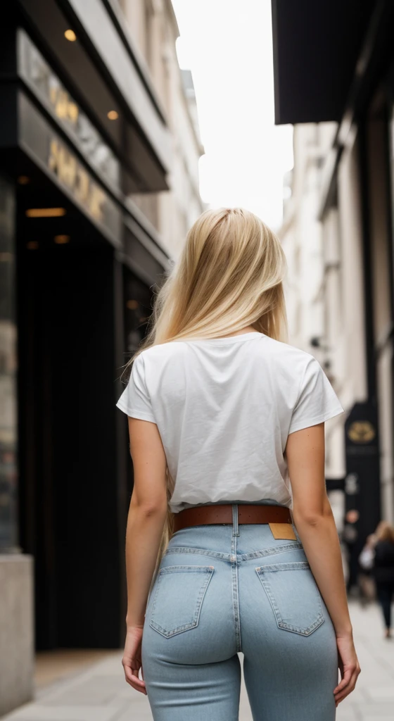 A 23 year old blonde woman, ((big breasts)), ((hyperrealism)) ,. Blonde hair with light brown roots. blonde hair, Hair with brown roots, extra long hair, very long hair, very long hair, very long hair, very long hair, very long hair, very long hair, beautiful, back view, take a photo, Photo taken, full body, in wearing a white t-shirt, and jeans stylish belt, showing her ass, first-rate ass, perfect ass, shows her ass, with her back to the camera showing her ass, with a low-cut top, photo at the street of London, high quality, Nikon D850 film stock photograph Kodak Portra 400 camera f1.6 lens, full body, sexy body, sexy body.