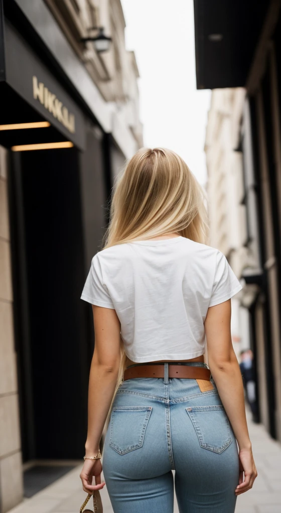 A 23 year old blonde woman, ((big breasts)), ((hyperrealism)) ,. Blonde hair with light brown roots. blonde hair, Hair with brown roots, extra long hair, very long hair, very long hair, very long hair, very long hair, very long hair, very long hair, beautiful, back view, take a photo, Photo taken, full body, in wearing a white t-shirt, and jeans stylish belt, showing her ass, first-rate ass, perfect ass, shows her ass, with her back to the camera showing her ass, with a low-cut top, photo at the street of London, high quality, Nikon D850 film stock photograph Kodak Portra 400 camera f1.6 lens, full body, sexy body, sexy body.