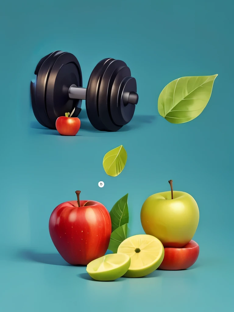 Uma imagem que representa a capa de um livro , com design moderno e atrativo. The cover must feature elements that symbolize health themes, nutrition and fitness in a clear and direct way. Icons such as an apple for healthy eating can be included, a dumbbell for fitness and a green leaf for health. The focus should be on the visual composition of the elements that represent the themes of the e-book, without the inclusion of text or real people. nao ter pessoas. tem que aparecer o livro de fundo como um livro de receitas 