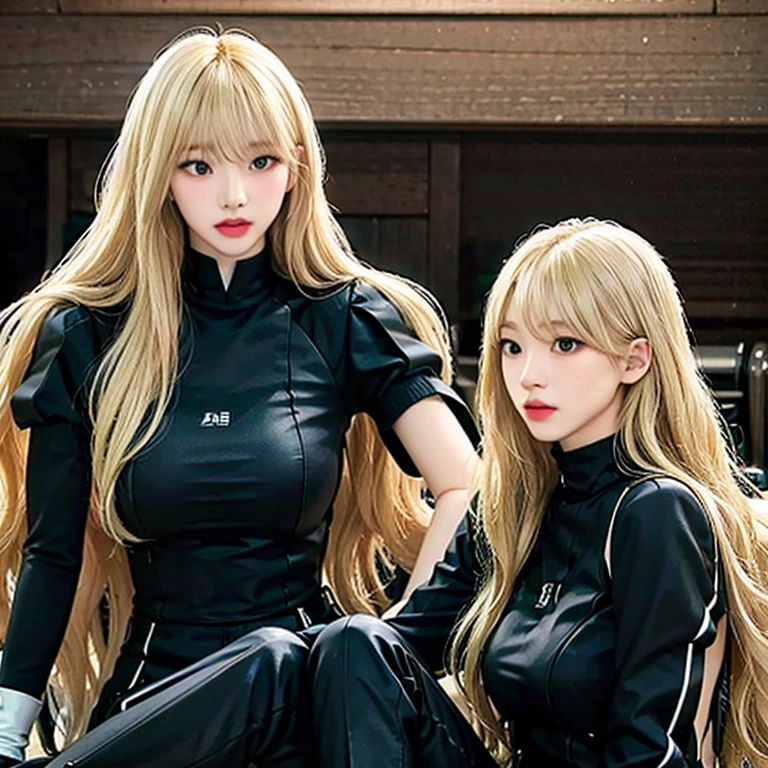 A woman with long blonde hair with bangs, with black and dark gray robotic clothes, green eyes, great quality, beautiful beauty, reddish mouth, sitting on a motorbike