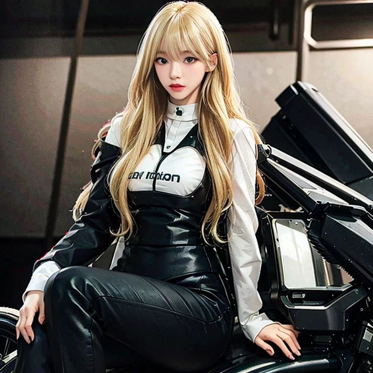A woman with long blonde hair with bangs, with black and dark gray robotic clothes, green eyes, great quality, beautiful beauty, reddish mouth, sitting on a motorbike