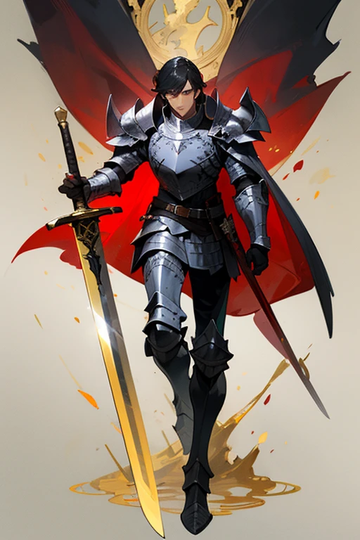 ((highest quality)), ((masterpiece)), (Familiar), One man,Fantasy,Black Knight,Full Body Armor,Black Hair,Black Armor,Golden decoration,Red pattern,sword,Cape