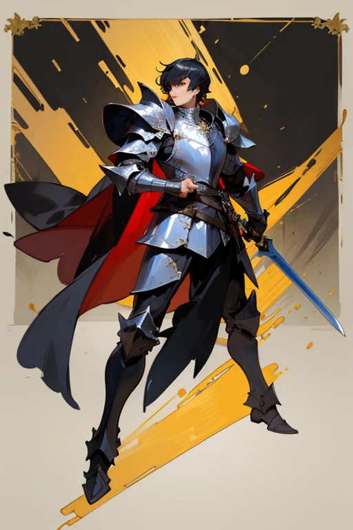 ((highest quality)), ((masterpiece)), (Familiar), One man,Fantasy,Black Knight,Full Body Armor,Black Hair,Black Armor,Golden decoration,Red pattern,sword,Cape