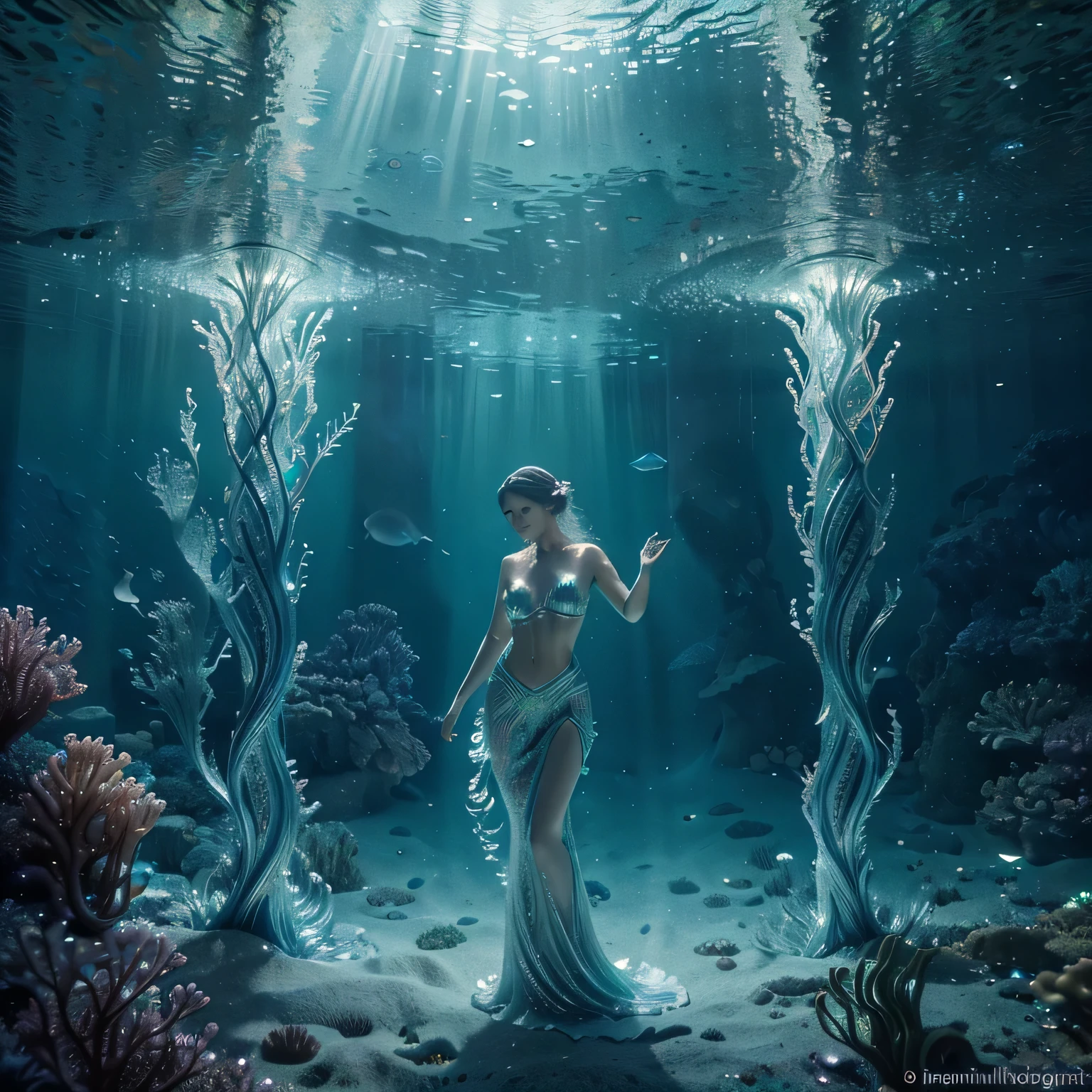 (best quality,4k,8k,highres,masterpiece:1.2),ultra-detailed,(realistic,photorealistic,photo-realistic:1.37),psychedelic mermaid colony hidden in a bioluminescent grotto, where merfolk with iridescent tails perform mesmerizing dances amidst shimmering curtains of seaweed,underwater fantasy,nature-inspired,ethereal ambiance,luminous creatures,lively and vibrant colors,sparkling lights,captivating visual spectacle,translucent underwater world,curved coral reefs,glowing marine flora,beautifully flowing water,magical atmosphere,faint silver glow,fascinating patterns on scales,mysterious and alluring,whimsical aquatic domain,serene and enchanting scenery,dreamlike experience,fluid motions of the merfolk,graceful and elegant gestures,dramatic backlit scenes,ethereal and otherworldly,mystical energy,twinkling bioluminescent light,breathtaking and surreal,tranquil and mesmerizing,beauty of underwater life,unforgettable underwater adventure,twinkling stars in the water,harmony between merfolk and marine life,magical underwater haven,hypnotizing movements,subtle shimmering effects,lush underwater vegetation,endless visual delight.