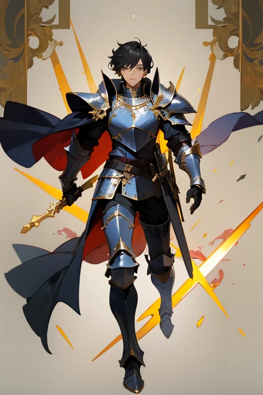 ((highest quality)), ((masterpiece)), (Familiar), One man,Fantasy,Black Knight,Full Body Armor,Black Hair,Black Armor,Golden decoration,Red pattern,sword,Cape