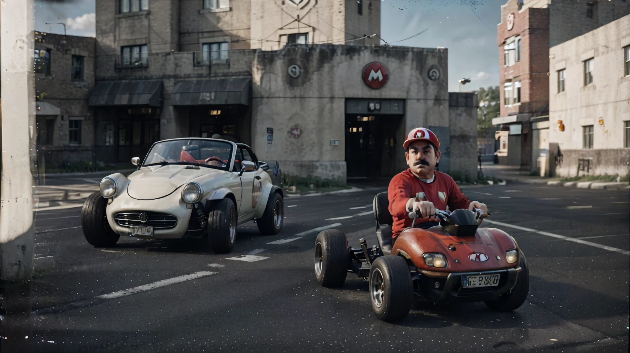 (high quality,photorealistic,hyper realistic:1.2), Humanlik and realistic, Real life version of Mario from Mario Kart sitting in a go-kart from the 1950s, live action movie with actor, (1950s fashion,retro fashion), (art deco aesthetic), (cinematographic,film grain:1.1),(Super Panavision 70),16:9 resolution,detailed kart,beautifully designed kart with vibrant colors,realistic rendering of Mario with intricate facial features and expressions,captivating background with scenic landscapes,authentic 1950s scenery and buildings,classic cars passing by in the background,rich and warm color tones with a vintage feel,soft and diffuse lighting with subtle shadows,meticulously painted surroundings with fine textures and intricate details,accurately replicated go-kart with accurate proportions and materials,convincing motion blur for a sense of speed and dynamics,clear focus on Mario and his go-kart with a shallow depth of field,high-resolution final image with crisp details and sharp edges.