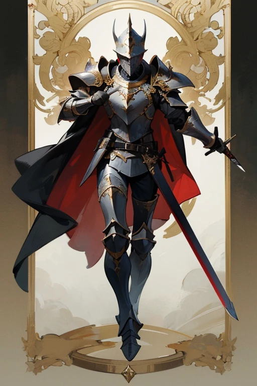 ((highest quality)), ((masterpiece)), (Familiar), One man,Fantasy,Black Knight,Full Body Armor,Full-face helmet,Black Armor,Golden decoration,Red pattern,sword,Cape