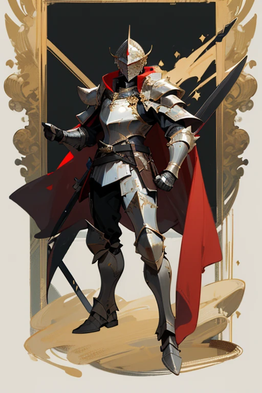 ((highest quality)), ((masterpiece)), (Familiar), One man,Fantasy,Black Knight,Full Body Armor,Full-face helmet,Black Armor,Golden decoration,Red pattern,sword,Cape