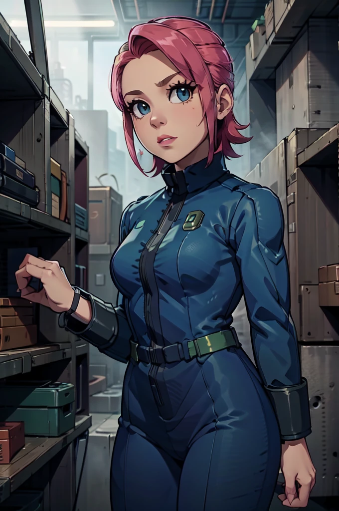 Mayl Sakurai reimagined as a vault dweller, doing maintenance in an underground vault. Her vibrant pink hair stands out against the dimly lit environment. She is a 26-year-old woman dressed in a vault dweller jumpsuit, indicative of her role in the post-apocalyptic world. The jumpsuit is worn but still functional, reflecting the harsh conditions of life underground. Her face is beautifully detailed, with expressive eyes that convey determination and intelligence. Her lips are also well-defined, adding to her overall allure.

In the vault, Mayl Sakurai is seen operating a pipboy, a wrist-worn device that serves as an essential tool and information hub for survival in the vault. The pipboy's screen emits a soft glow, illuminating Mayl's face and casting a subtle green hue on the surroundings. The details on the pipboy, from its buttons to its display, are extremely detailed, showcasing its futuristic design.

The underground vault is filled with mechanical equipment and pipes, emphasizing the importance of maintenance in this post-apocalyptic world. The atmosphere is gritty and industrial, with a hint of mystery and danger. The lighting is dim and has a hint of blue tones, enhancing the underground ambiance.

Despite the grim surroundings, Mayl Sakurai exudes confidence and strength as she jumps into action, ready to fulfill her duties as a vault dweller. Her posture and expression suggest that she is prepared to face any challenge that comes her way.

The image quality should be at its best, with 4K resolution and ultra-detailed rendering, capturing every intricate detail of the scene. The colors should be vivid, emphasizing the contrast between Mayl's vibrant pink hair and the dimly lit environment. The overall style should lean towards a post-apocalyptic concept art aesthetic, blending realism with a touch of fantasy.

In summary, the Stable Diffusion prompt for the provided theme would be:
Mayl Sakurai reimagined as a vault dweller, doing maintenance in an undergr