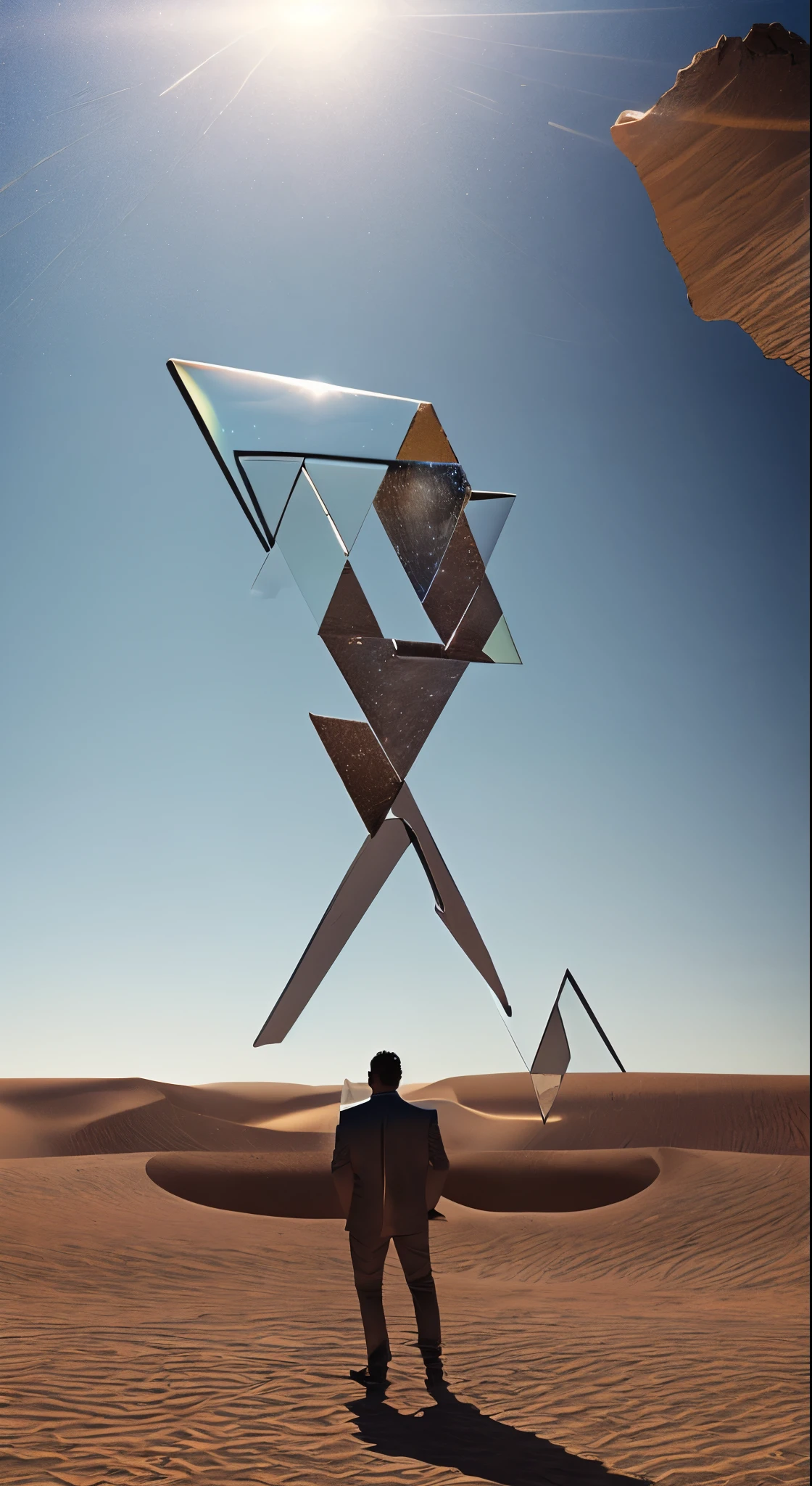 A man is standing in the desert holding a large object, Lots of glass. society, Magic crystals, Movie stills, Inspired by Louis-Mathieu Verdillan, Trance DJ album art, crack, triangle Debris, Cinematic Lens Flare, connection, [ Debris, 4 dimensions