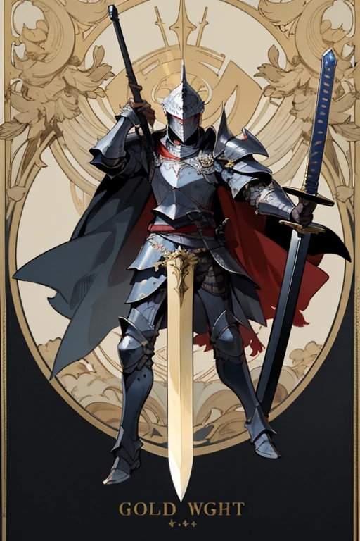 ((highest quality)), ((masterpiece)), (Familiar), One man,Fantasy,Black Knight,Full Body Armor,Full-face helmet,Black armor,大sword,Black Armor,Golden decoration,Red pattern,sword,Cape