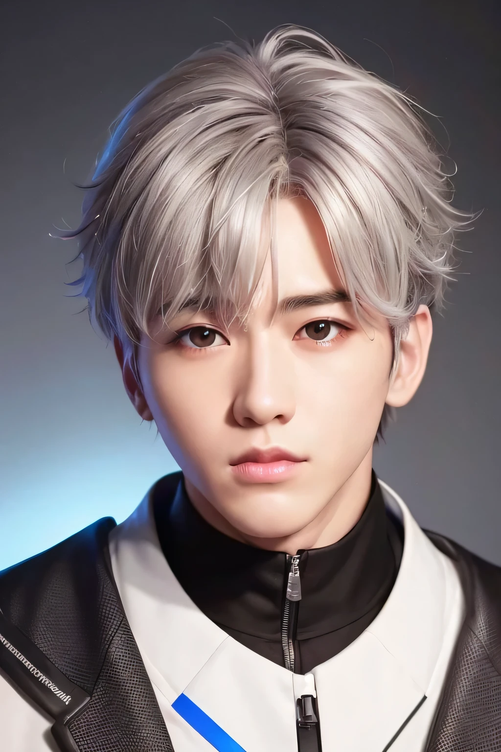 1male、、highest quality、masterpiece、8k、、Realistic Skin、(head shot:1.45)、、disheveled gray hair、(White dog ears)、、(Brown eyes)、Jet black rubber suit、Neon Light、cyber punk、Cyber City、Neon Beam、Neon Light Background