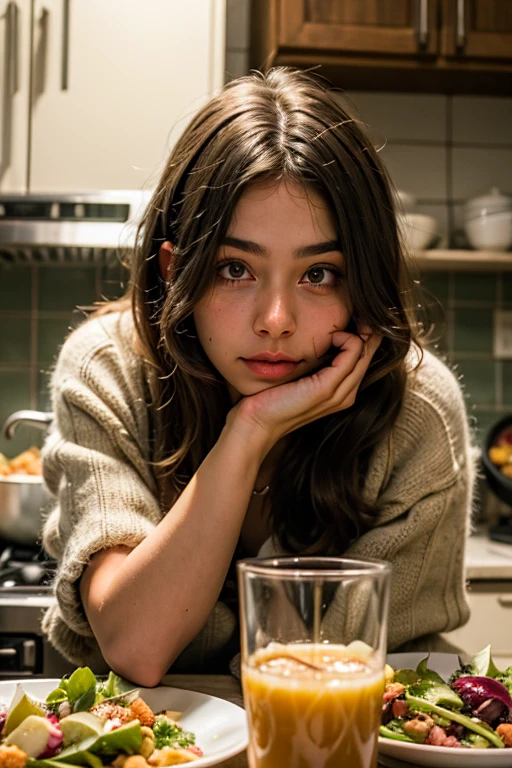 ((best quality)), ((masterpiece)), (detailed), perfect face , kitchen salad food health drink super realistic 25 yr old girl