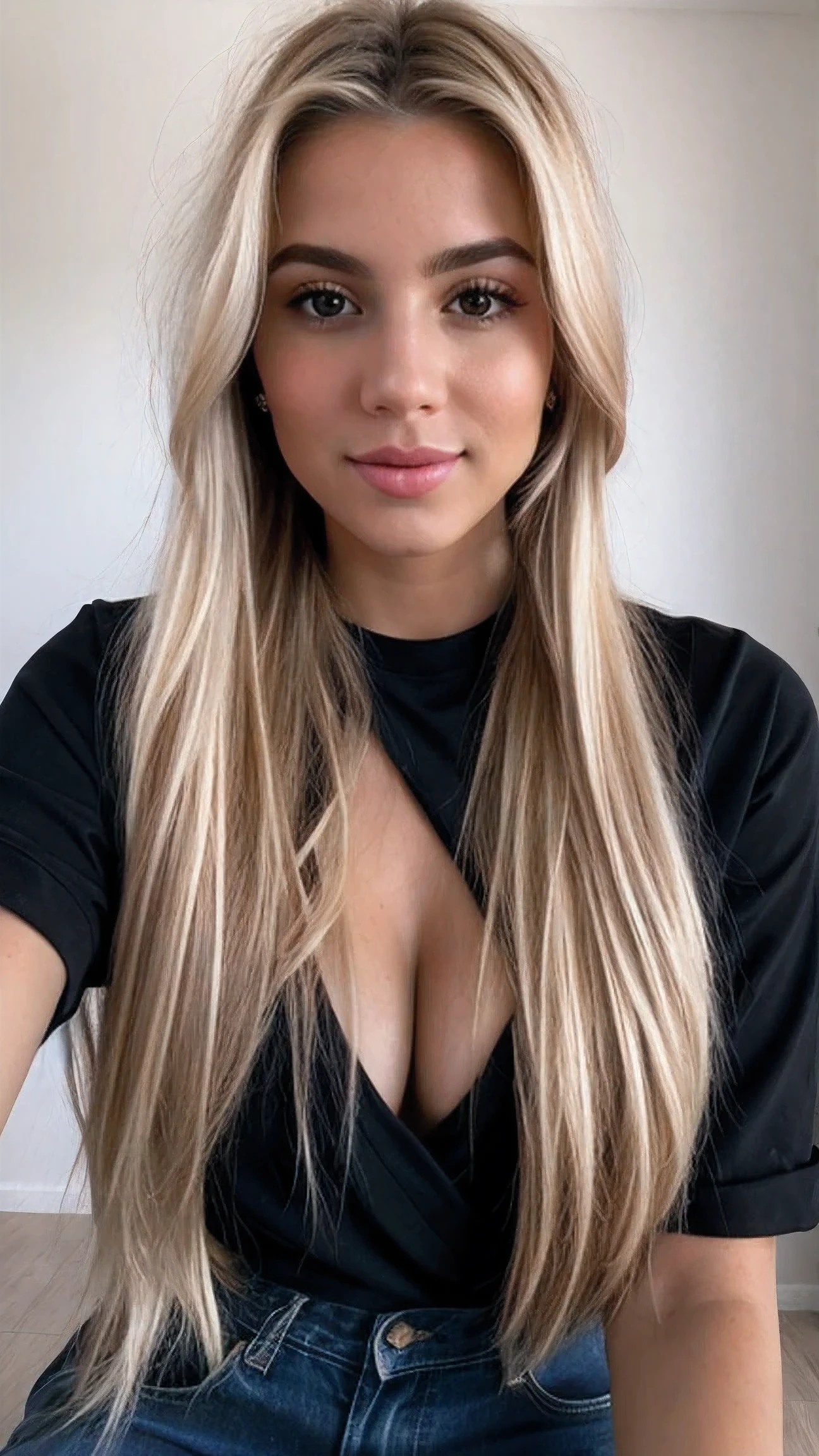 A 23-year-old blonde woman, ((pechos grandes)), ((hiperrealismo)) ,. blonde hair with light brown roots. cabello rubio, Hair with brown roots, cabello extra largo, cabello muy largo, really long hair, ponytail hair, Beautiful, Front view, selfie, photo taken with iPhone, elegant black shirt with escote, escotada, selfie sitting in Capri high quality, selfie iPhone, cleavage