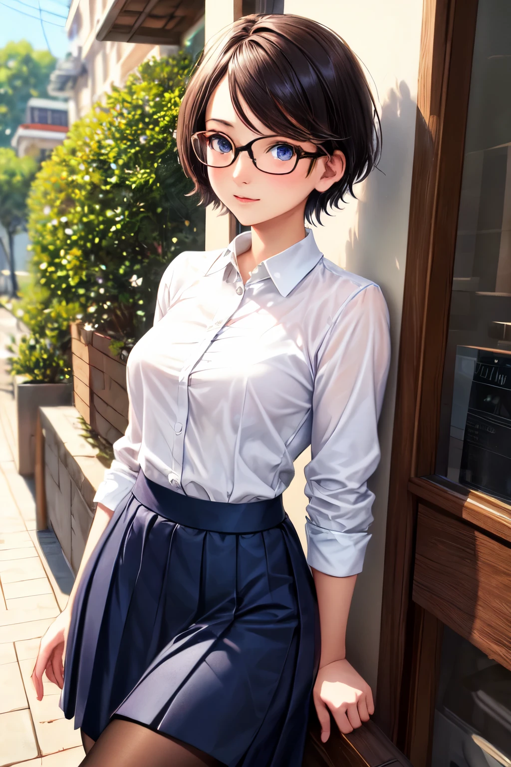 ((best quality)), ((masterpiece)), (detailed), perfect face, pantyhosed, cute girl, long skirt, tomboy short hair, glasses,