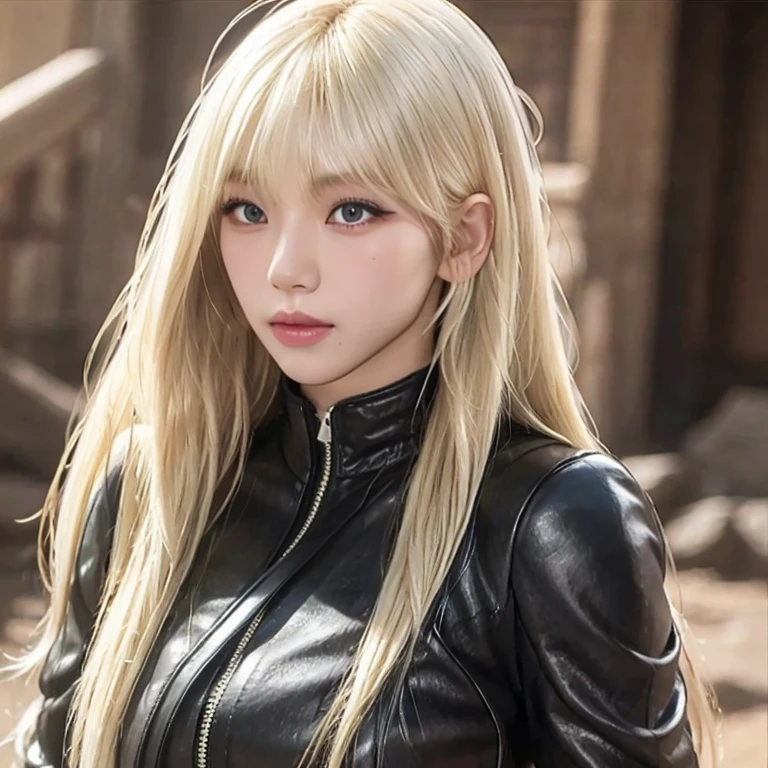 A woman with long blonde hair with bangs, with clothes similar to Kitana in Mortal Kombat 9, black, she is in a sandy environment 