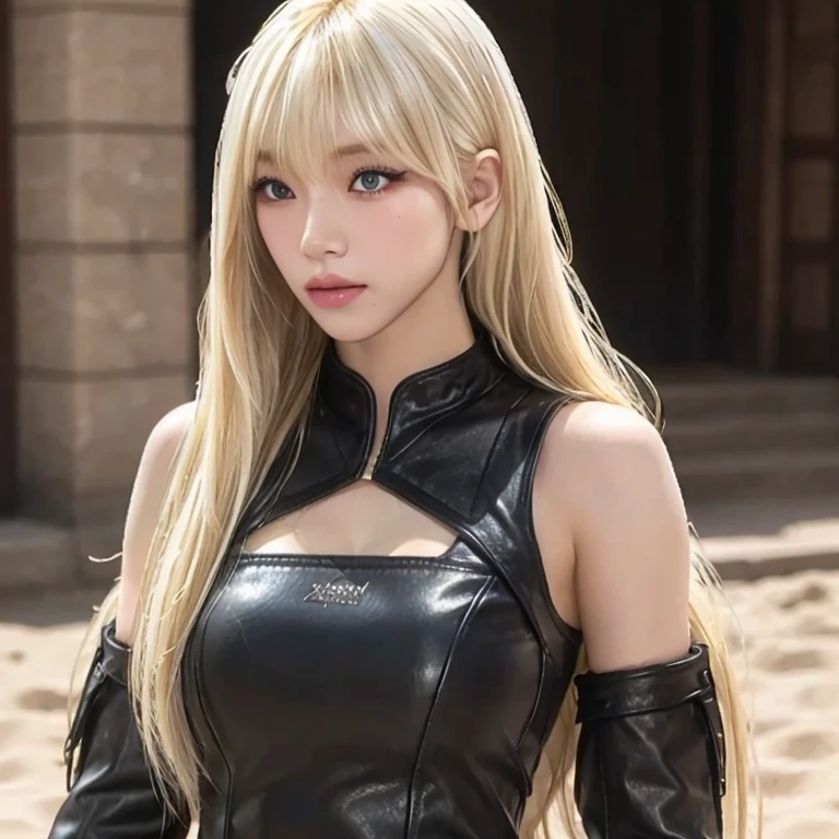 A woman with long blonde hair with bangs, with clothes similar to Kitana in Mortal Kombat 9, black, she is in a sandy environment 