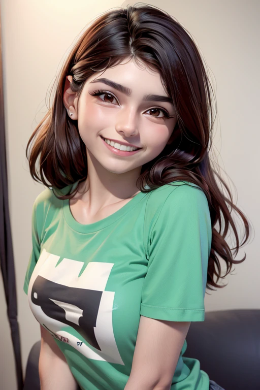 cultivo de camiseta, debajo del pecho, top corto, debajo del pecho,1vgirl,solamente, Parte superior del cuerpo, Mira al espectador, content, sonrisa seductora , mangas cortas, grandes pechos:1.5, pelirrojo:1.5, Ojos verdes