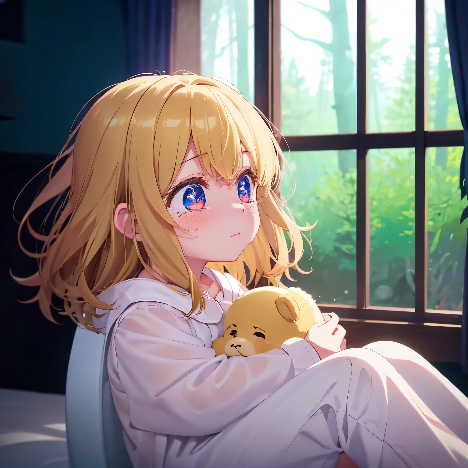 1 baby girl,Medium hair, Crying, looking away,Sitting in the forest, Facing right, camera angle from the side,at night,burning forest, behind the window,wavy hair, blonde hair, super cute, baby, , wearing white pajamas,,ultra detail,ultra HD, masterpiece