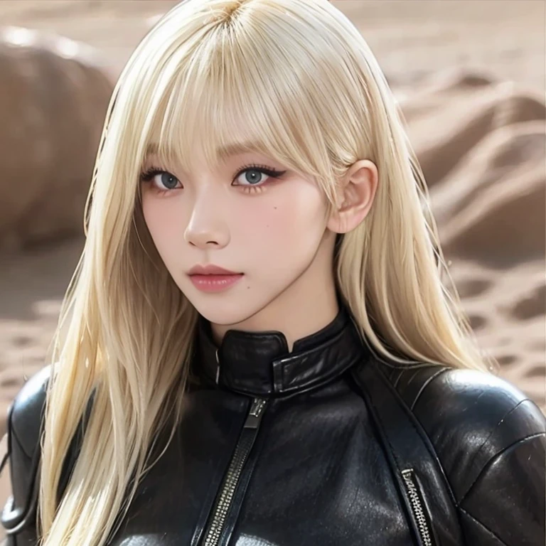 A woman with long blonde hair with bangs, with clothes similar to Kitana in Mortal Kombat 9, black, she is in a sandy environment 