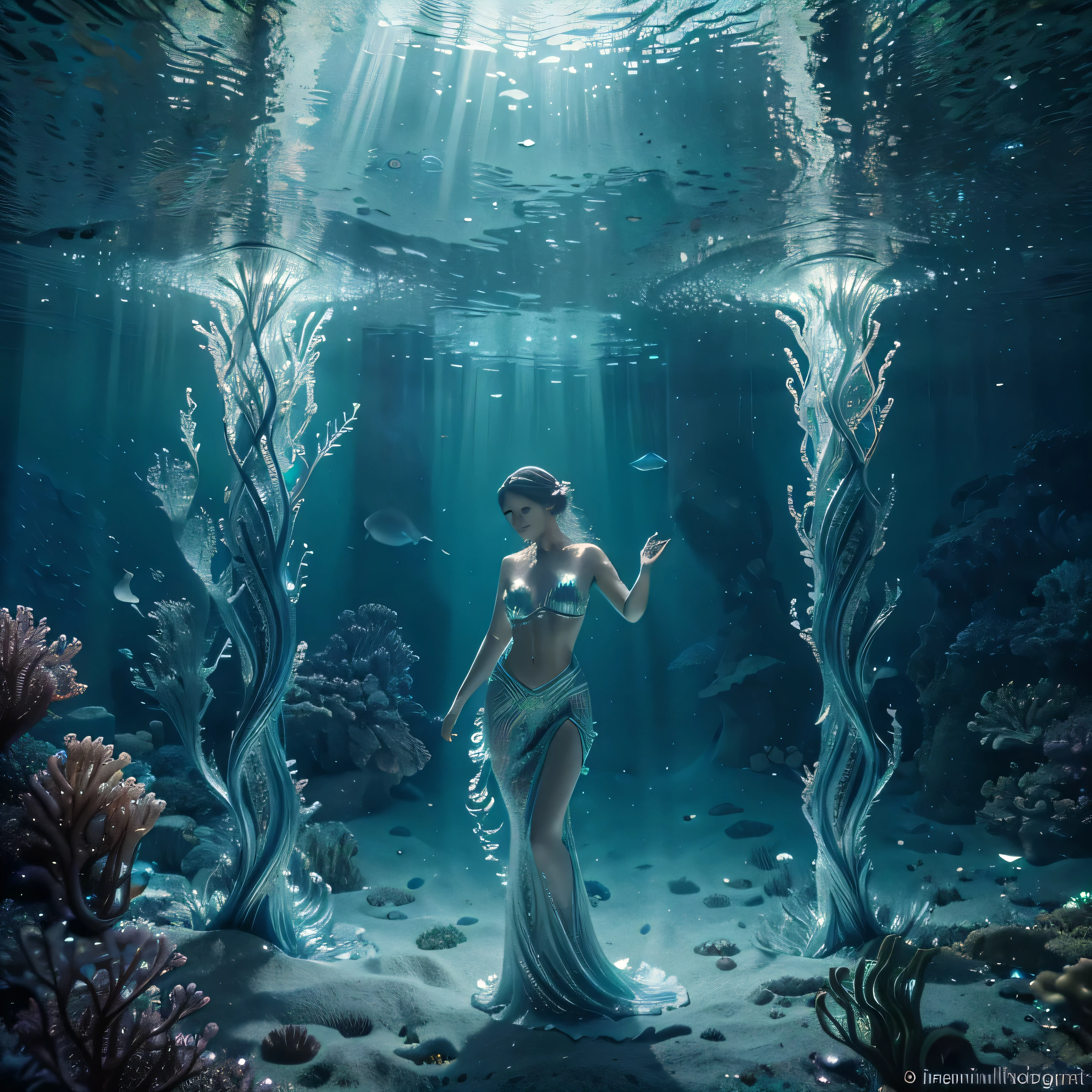 (best quality,4k,8k,highres,masterpiece:1.2),ultra-detailed,(realistic,photorealistic,photo-realistic:1.37),psychedelic mermaid colony hidden in a bioluminescent grotto, where merfolk with iridescent tails perform mesmerizing dances amidst shimmering curtains of seaweed,underwater fantasy,nature-inspired,ethereal ambiance,luminous creatures,lively and vibrant colors,sparkling lights,captivating visual spectacle,translucent underwater world,curved coral reefs,glowing marine flora,beautifully flowing water,magical atmosphere,faint silver glow,fascinating patterns on scales,mysterious and alluring,whimsical aquatic domain,serene and enchanting scenery,dreamlike experience,fluid motions of the merfolk,graceful and elegant gestures,dramatic backlit scenes,ethereal and otherworldly,mystical energy,twinkling bioluminescent light,breathtaking and surreal,tranquil and mesmerizing,beauty of underwater life,unforgettable underwater adventure,twinkling stars in the water,harmony between merfolk and marine life,magical underwater haven,hypnotizing movements,subtle shimmering effects,lush underwater vegetation,endless visual delight.