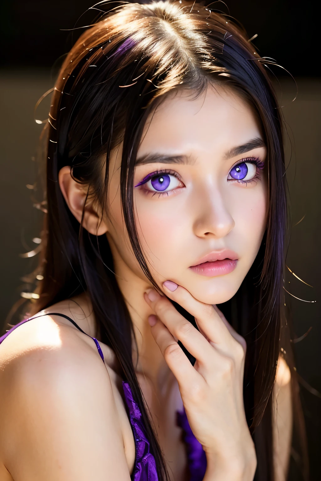A beautiful girl with ((really fascinating purple clear eyes)) (a beautiful face and dark hair) she has a féroce look , her skin is not totally white and her face is hurt we can see the blood a little on the face