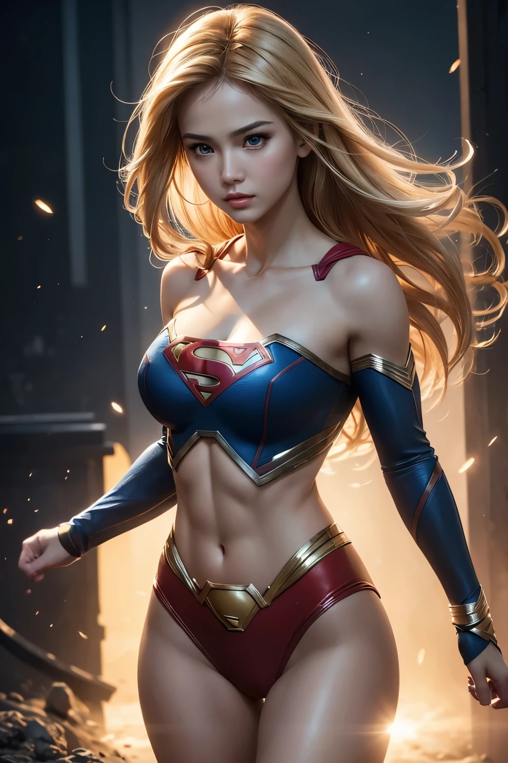8K,Supergirl,Blonde,Super Beauty(Like the real thing),Kryptonian,Superman Costume,masterpiece,Photorealistic RAW photos of the highest quality。Bright colors,Rich colors, Backlight, Cinema Lighting, Film Grain, to be born, 50mm lens, Nikon D850,Realistic Skin,Fantasy art,Character Art,Ultra-high resolution,Surreal,A wonderful work of art、((Kyoto Panel Style))、Wind effects:1.9、Cloud Effect:1.2、Full Rendering、Professional quality high resolution、Perfect contrast、Perfect lighting、Perfect composition、Perfect Skin、Perfect Fingers、Perfect breasts、Perfect Hair、Perfect Face、Realistic facial features,super highest quality,Slim figure,Perfect body line,Perfect hand shape,Anatomical body balance,Highly detailed face,Highly detailed eyes,Beautiful Lips,Excellent light particles,Cinema Lighting,Makeup,Ultra-high resolution,超Realistic Skin,Sexy woman closeup,Dynamic pose,Hard and strong abs,Makeup,Very large breasts,Fighting Pose,fist,