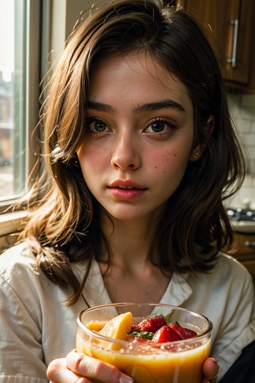 ((best quality)), ((masterpiece)), (detailed), perfect face , kitchen salad food health drink super realistic 25 yr old girl