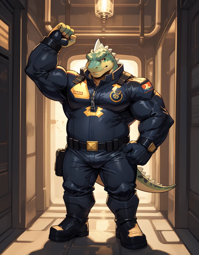 A anthropomorphic or chubby lizard, wearing a one-piece superhero power suit, restrained in by there wrist and ankles by binds, heavy ripped clothing, full body, ripped outfit,
