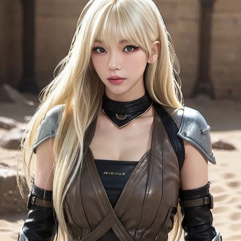 A woman with long blonde hair with bangs, with clothes similar to Kitana in Mortal Kombat 9, black, she is in a sandy environment 