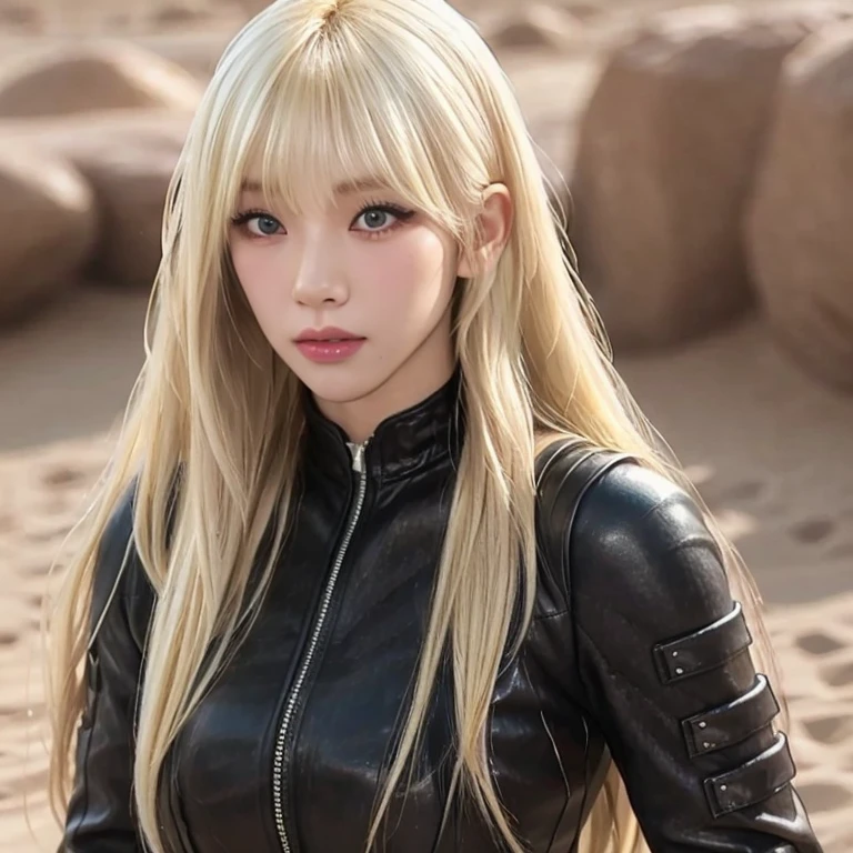 A woman with long blonde hair with bangs, with clothes similar to Kitana in Mortal Kombat 9, black, she is in a sandy environment 