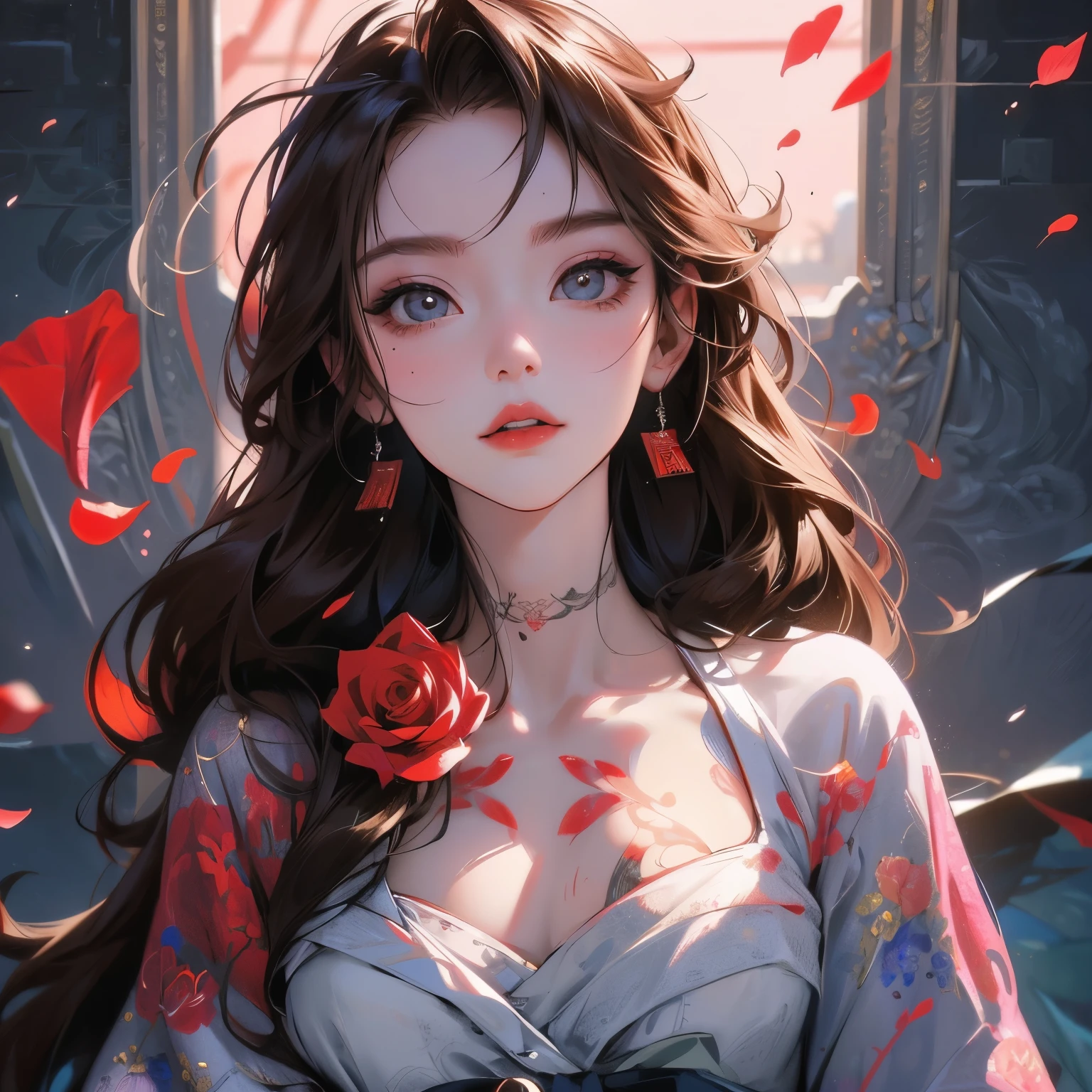 masterpiece, high quality, 1girl, solo, protrait, tattoo, hyper waifu, fcPortrait, blood, rose petals, upper body, simple background, illustration,