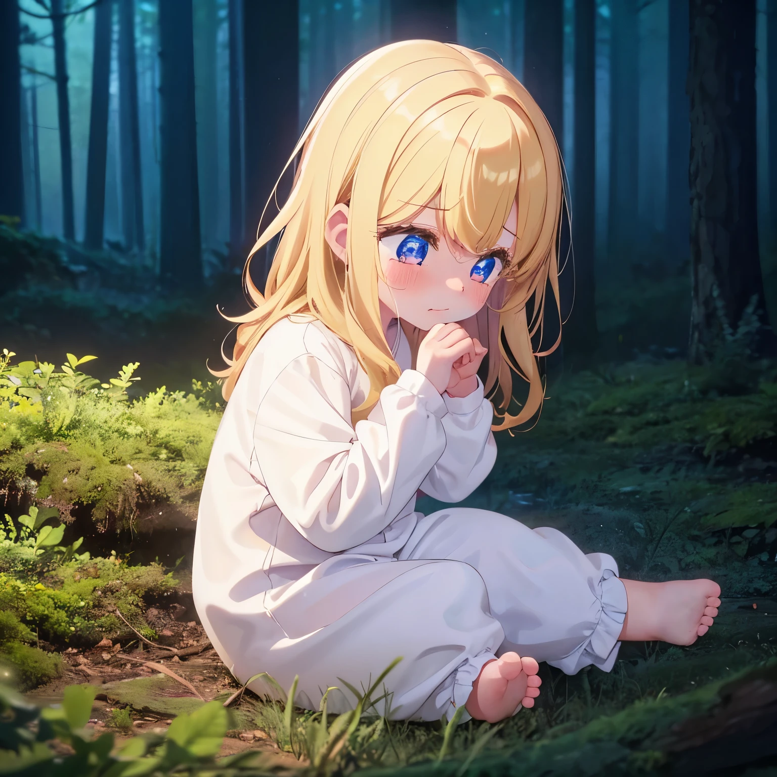 1 ,Medium hair, Crying, looking away,Sitting in the forest, Facing right, camera angle from the side,at night,burning forest, full body photo,wavy hair, blonde hair, super cute, baby, 5 y old, wete pajamas,,ultra detail,ultra HD, masterpiece