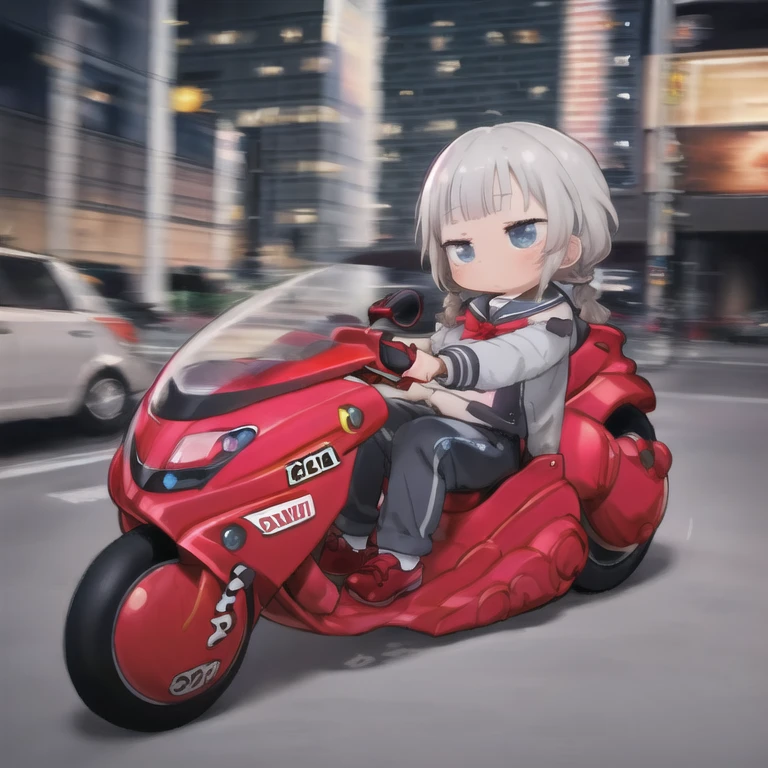 masterpiece,high quality, 1 girl,(serafuku:1.2),Sitting,Lean back;Put your foot forward, 10-year-old female,Thick eyebrows,Droopy eyes, Baby Face,Round face,Big round eyes,Braiding, Short pigtails, Blunt bangs,Gray Hair,Blue eyes,Very short stature,Very thin limbs,(((Blue rider suit))),kanedabike,Large scooter,Very low seat,Low vehicle height,One step ahead,