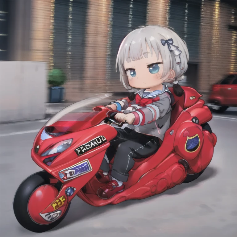 masterpiece,high quality, 1 girl,(serafuku:1.2)，Sitting，Lean back;Put your foot forward, 10-year-old female，Thick eyebrows，Droopy eyes, Baby Face，Round face，Big round eyes，Braiding, Short pigtails, Blunt bangs，Gray Hair，Blue eyes，Very short stature，Very thin limbs，(((Blue rider suit)))，kanedabike，Large scooter，Very low seat,Low vehicle height,One step ahead,