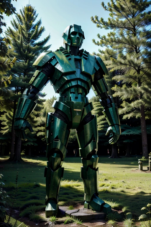 a stone golem stands tall in the middle of a green forest ,